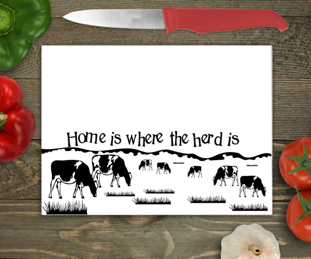 Cow Large Glass Chopping Board - Home Is Where The Herd Is